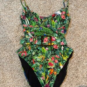 WeWoreWhat Green and Pink One Piece Swimsuit with Tropical Print